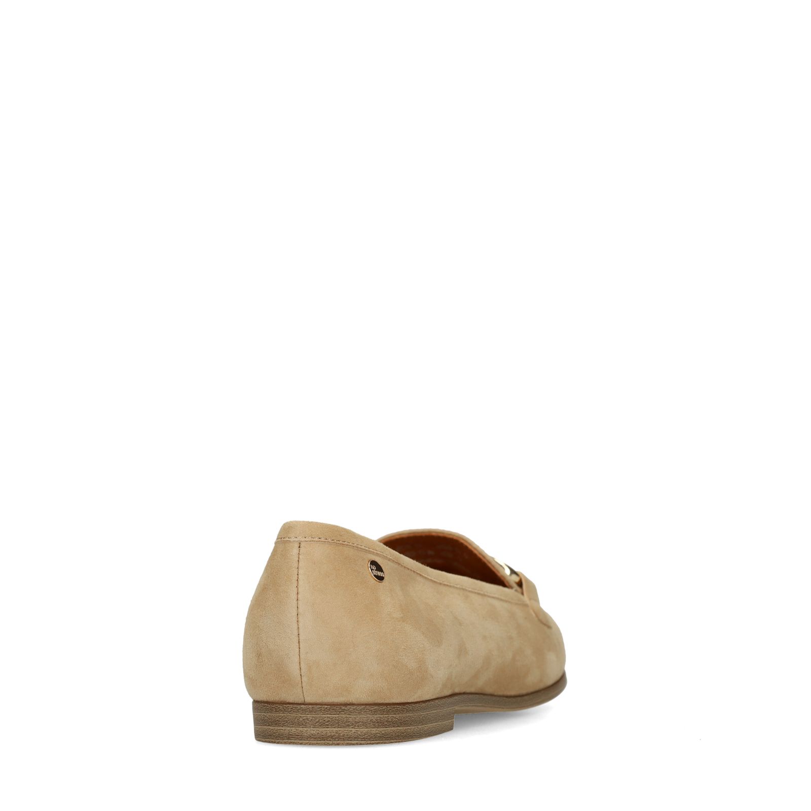 Beigefarbene Veloursleder-Loafer mit goldfarbener Kette