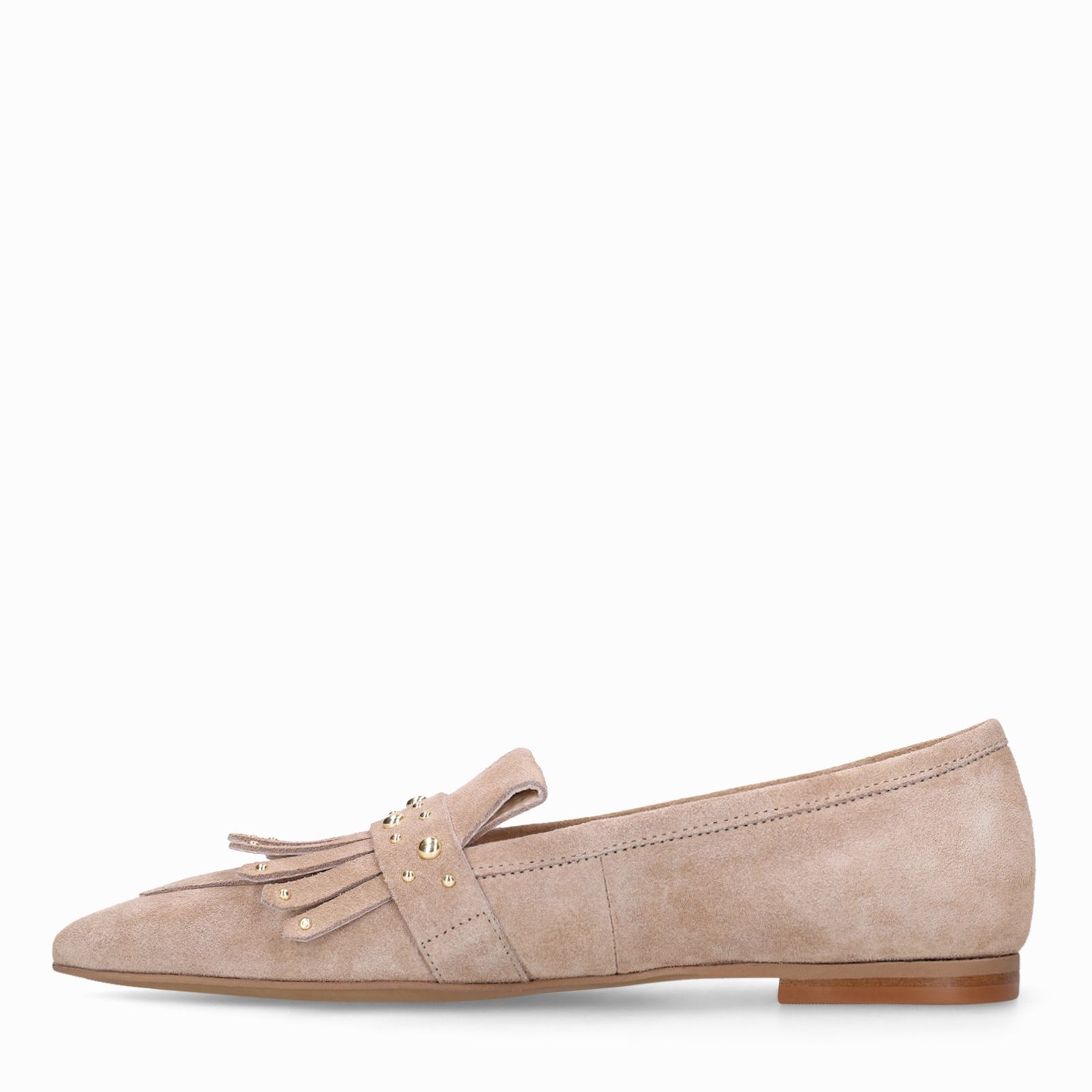 Beige suède loafers met gouden studs