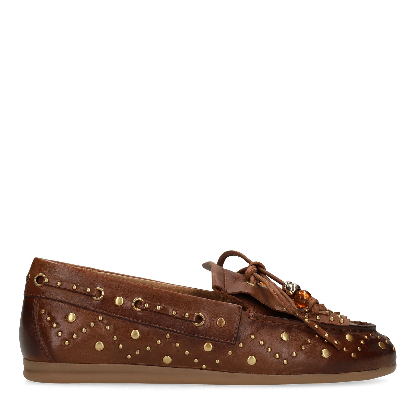 Cognacfarbene Leder-Loafer mit goldfarbenen Nieten