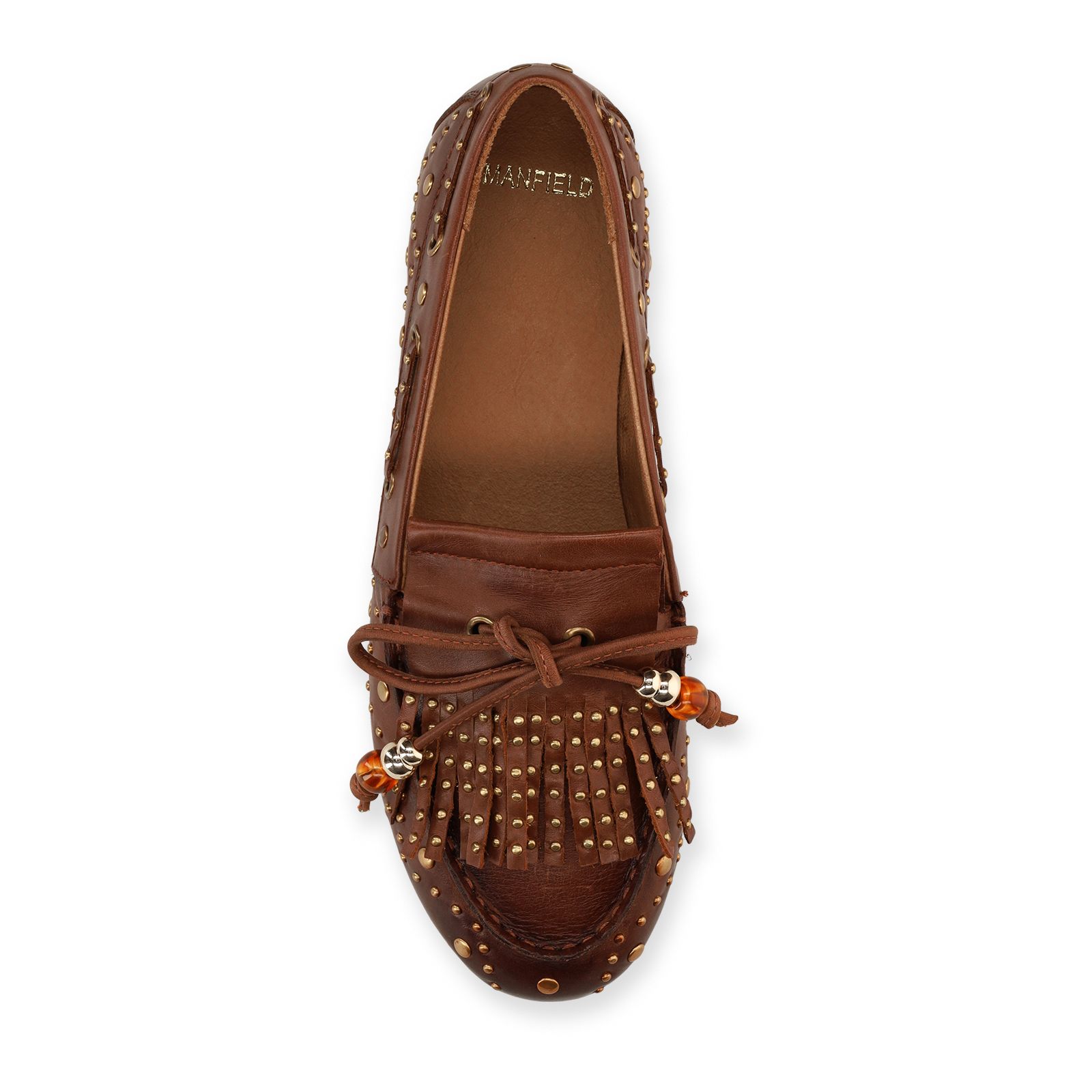 Cognacfarbene Leder-Loafer mit goldfarbenen Nieten