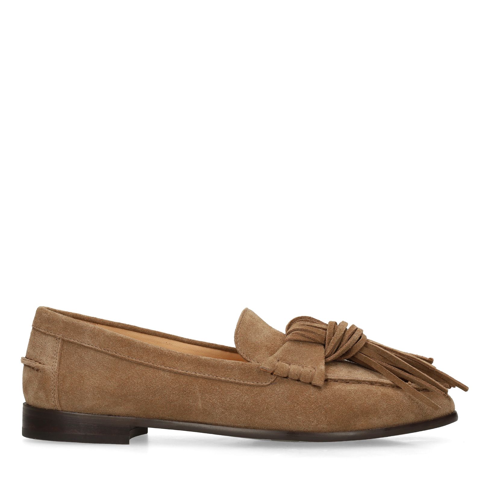 Taupe suède loafers met franjes