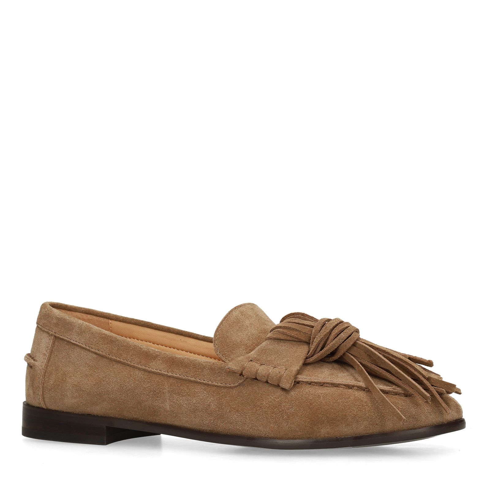 Taupefarbene Veloursleder-Loafer mit Fransen