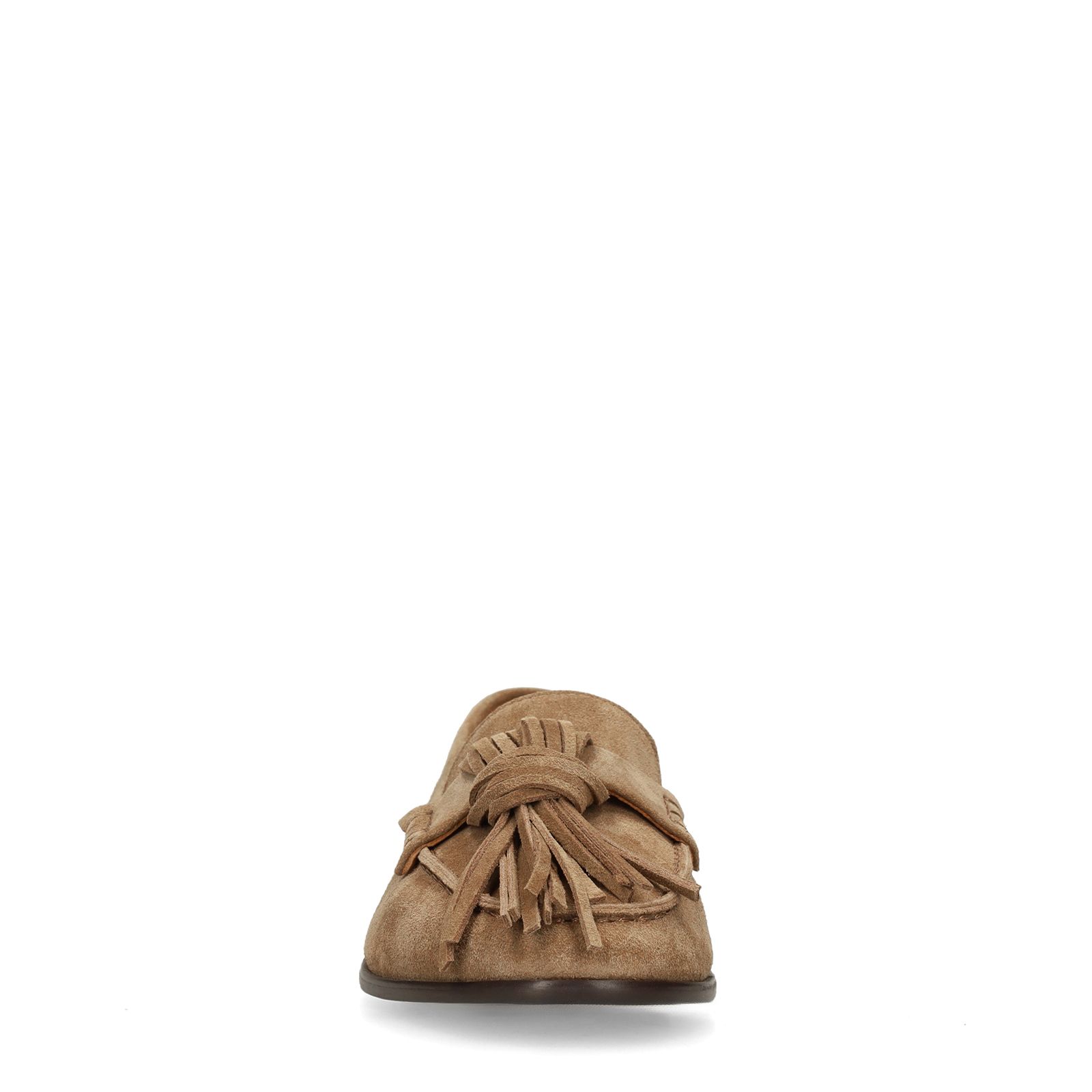 Taupe suède loafers met franjes