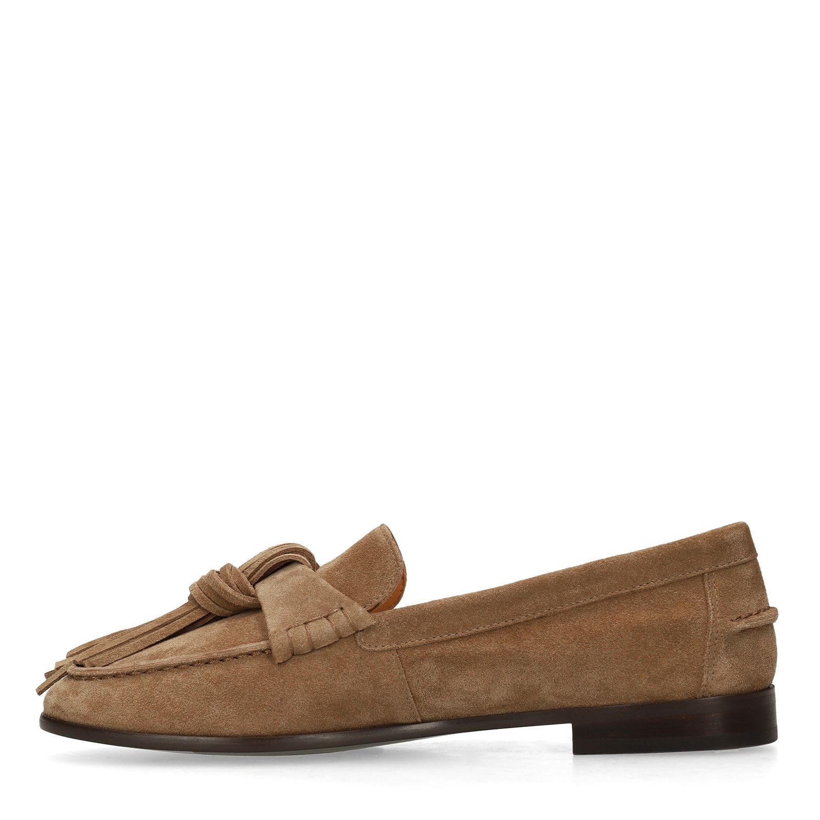 Taupefarbene Veloursleder-Loafer mit Fransen