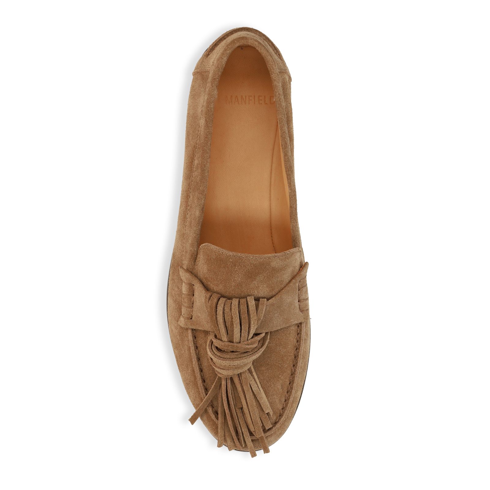 Taupe suède loafers met franjes