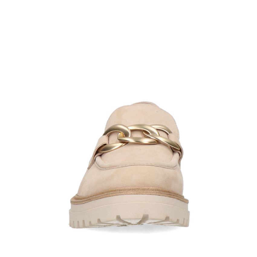 Beige suède loafers met goudkleurige chain