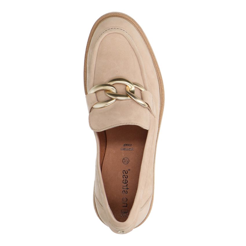 Beige suède loafers met goudkleurige chain