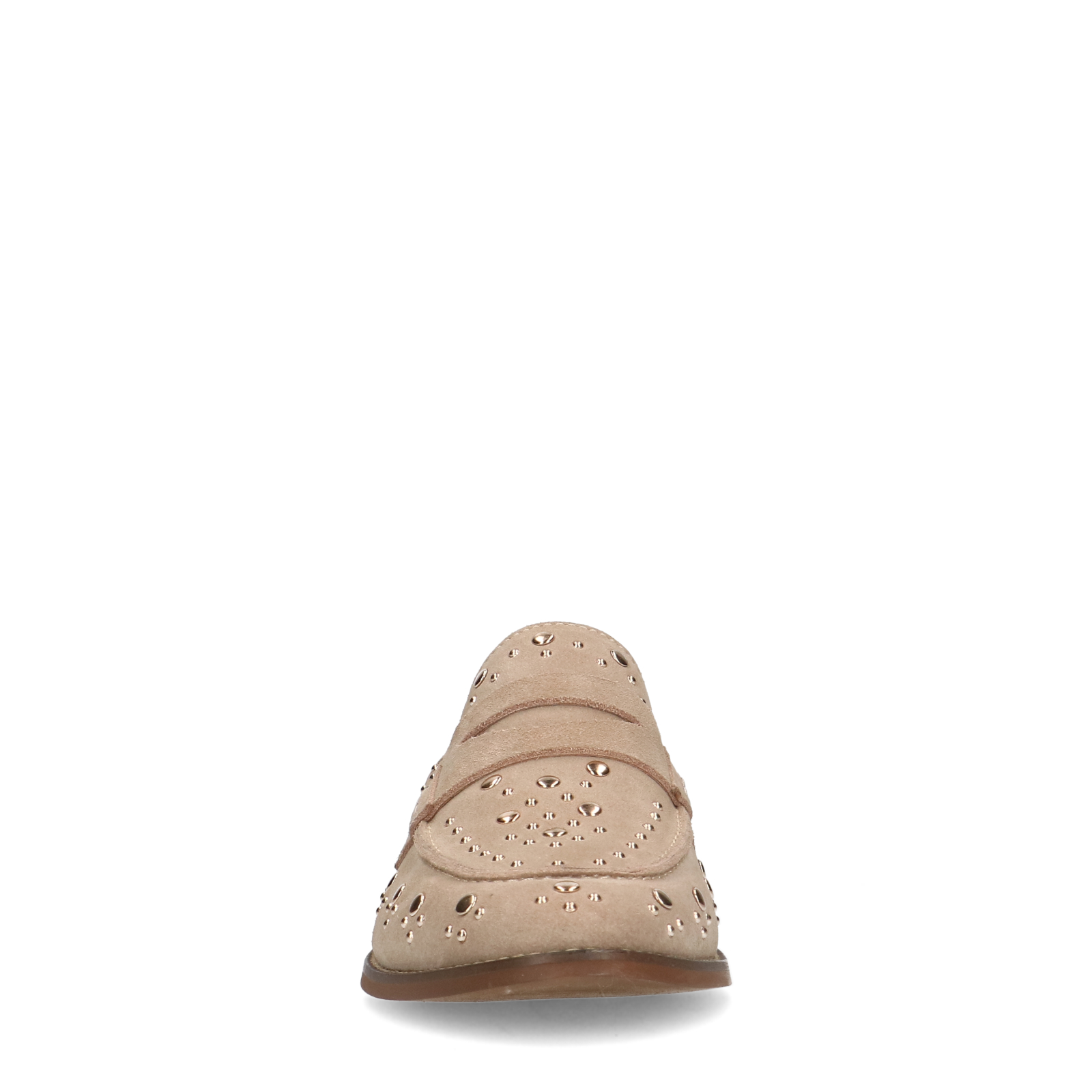 Beigefarbene Veloursleder-Loafer mit goldfarbenen Nieten | Slipper 