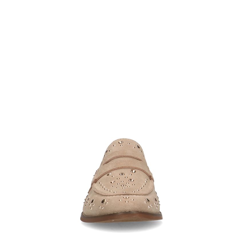 Beige suède loafers met goudkleurige studs