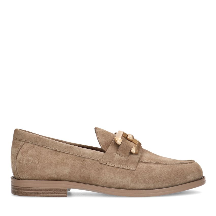 Beigefarbene Veloursleder-Loafer mit eckiger Kette