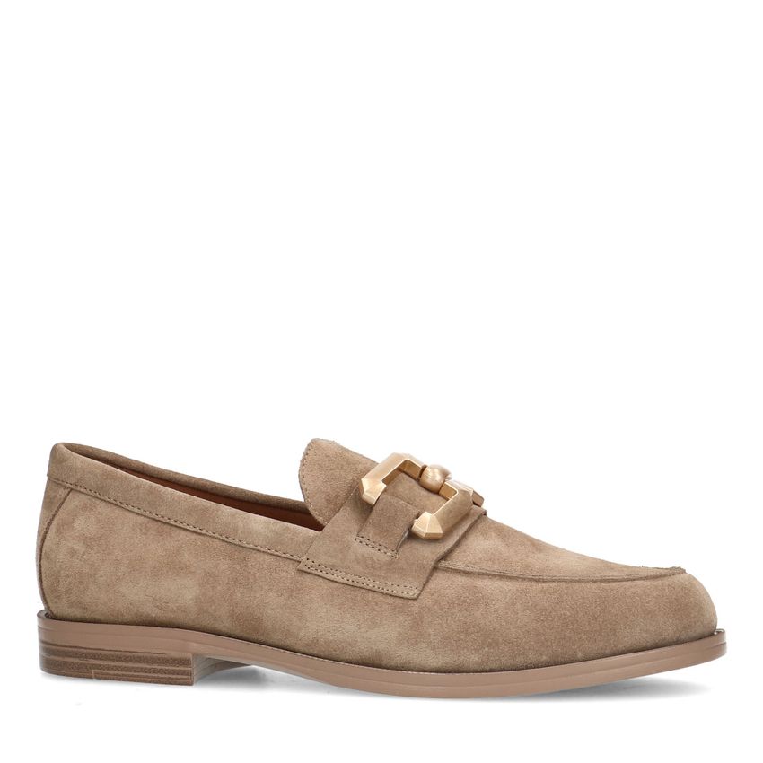 Beigefarbene Veloursleder-Loafer mit eckiger Kette