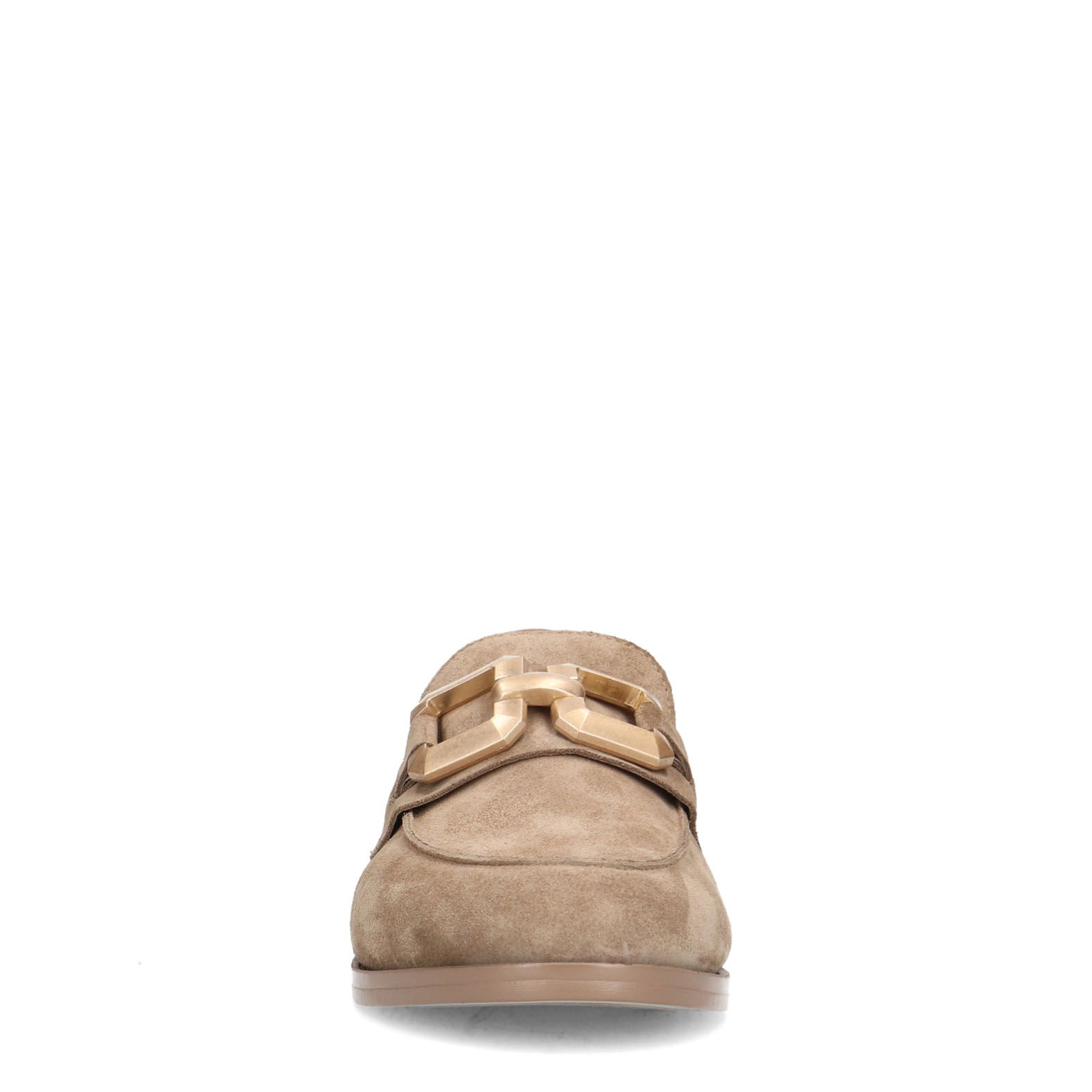 Beigefarbene Veloursleder-Loafer mit eckiger Kette | Slipper  