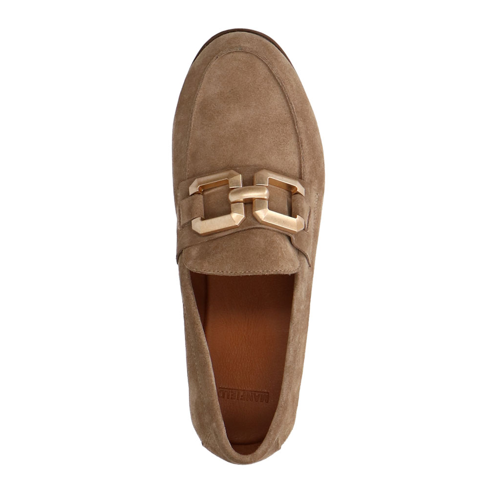 Beigefarbene Veloursleder-Loafer mit eckiger Kette | Slipper 