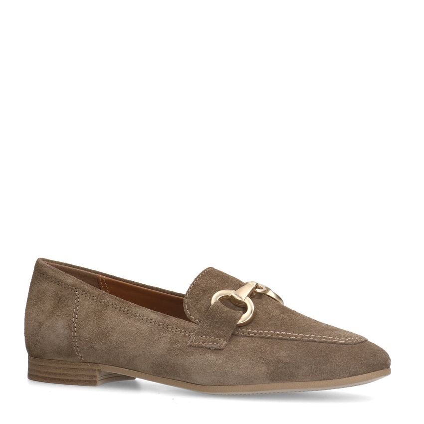 Taupe suède loafers met goudkleurig detail