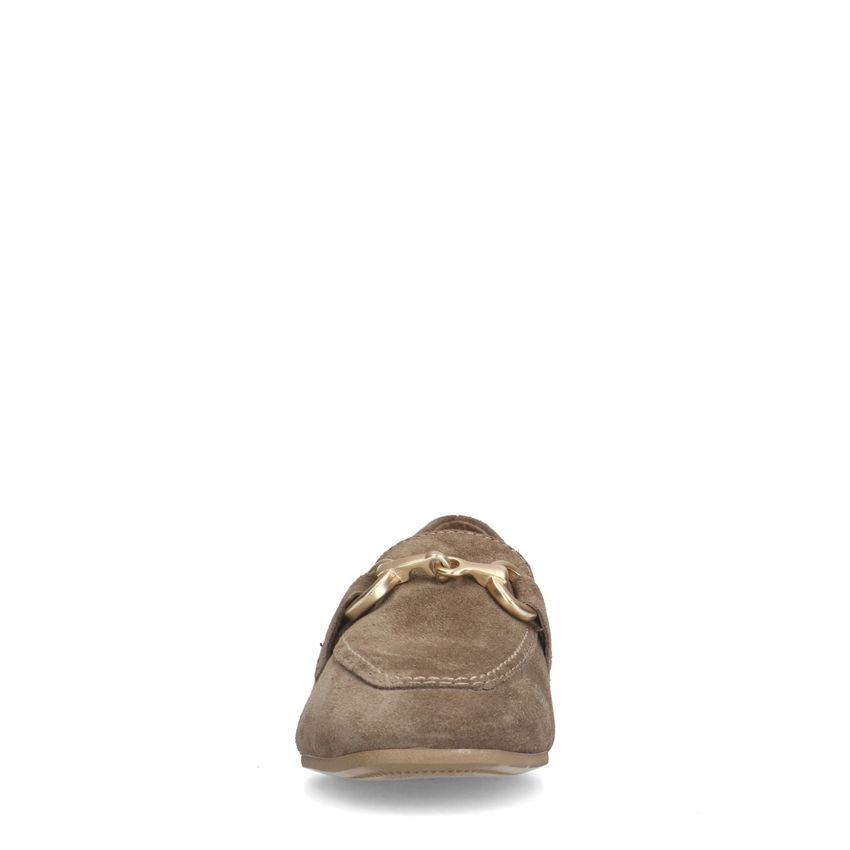 Taupefarbene Veloursleder-Loafer mit goldfarbenem Detail
