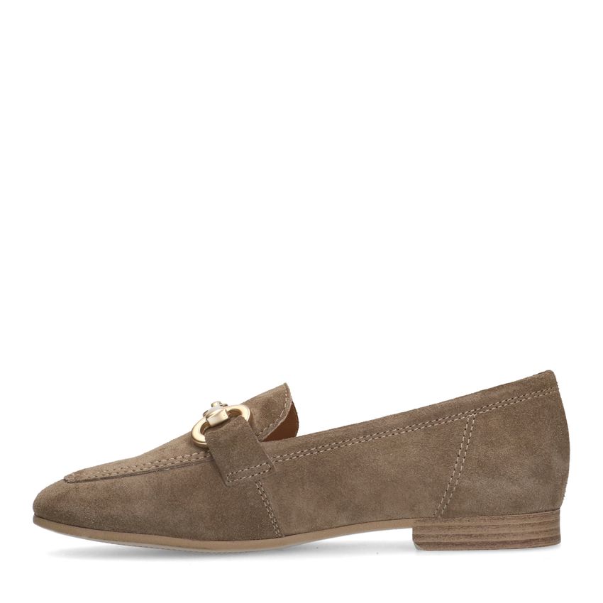 Taupe suède loafers met goudkleurig detail