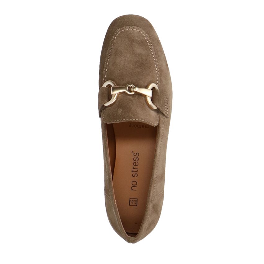 Taupe suède loafers met goudkleurig detail