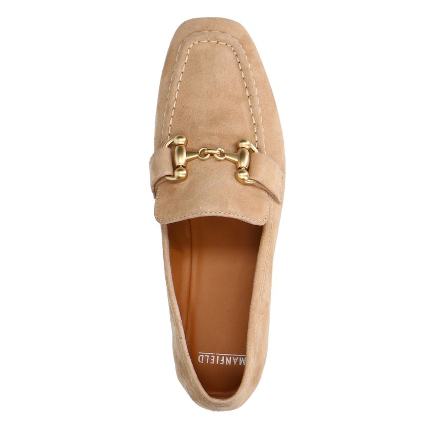 Beige suède loafers met goudkleurig detail