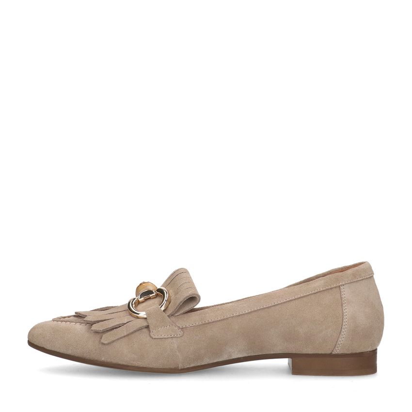 Beige suède loafers met franjes