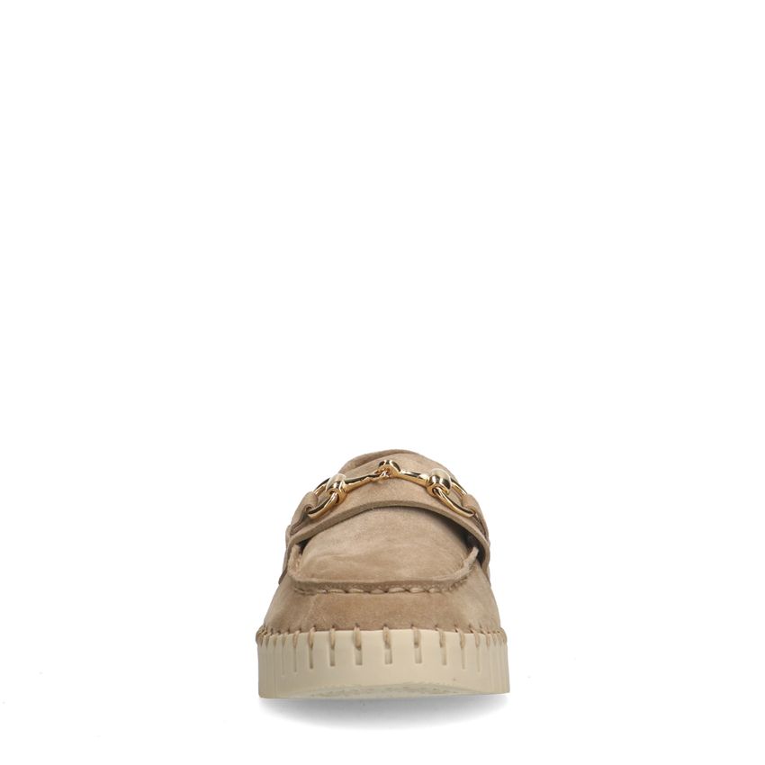 Beigefarbene Veloursleder-Loafer mit goldfarbenem Detail