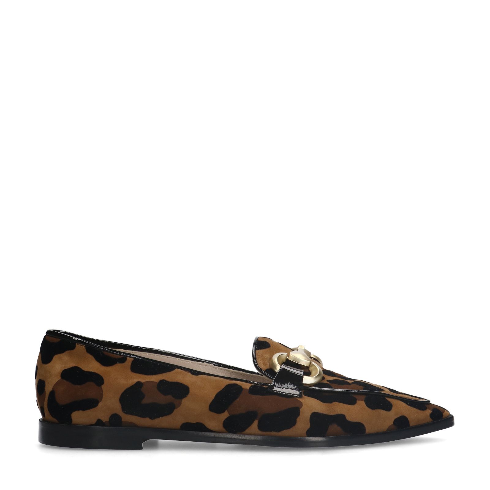 Veloursleder-Loafer mit Pantherprint und goldfarbener Kette
