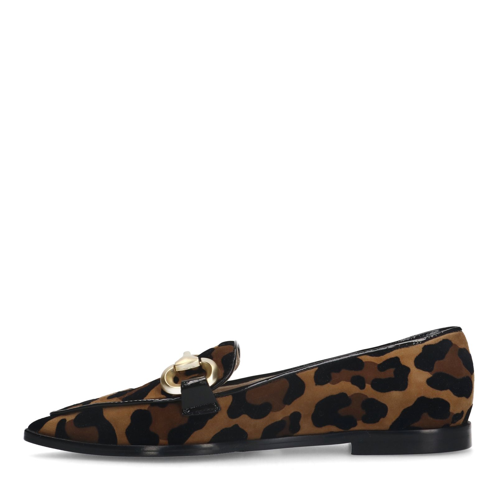 Veloursleder-Loafer mit Pantherprint und goldfarbener Kette