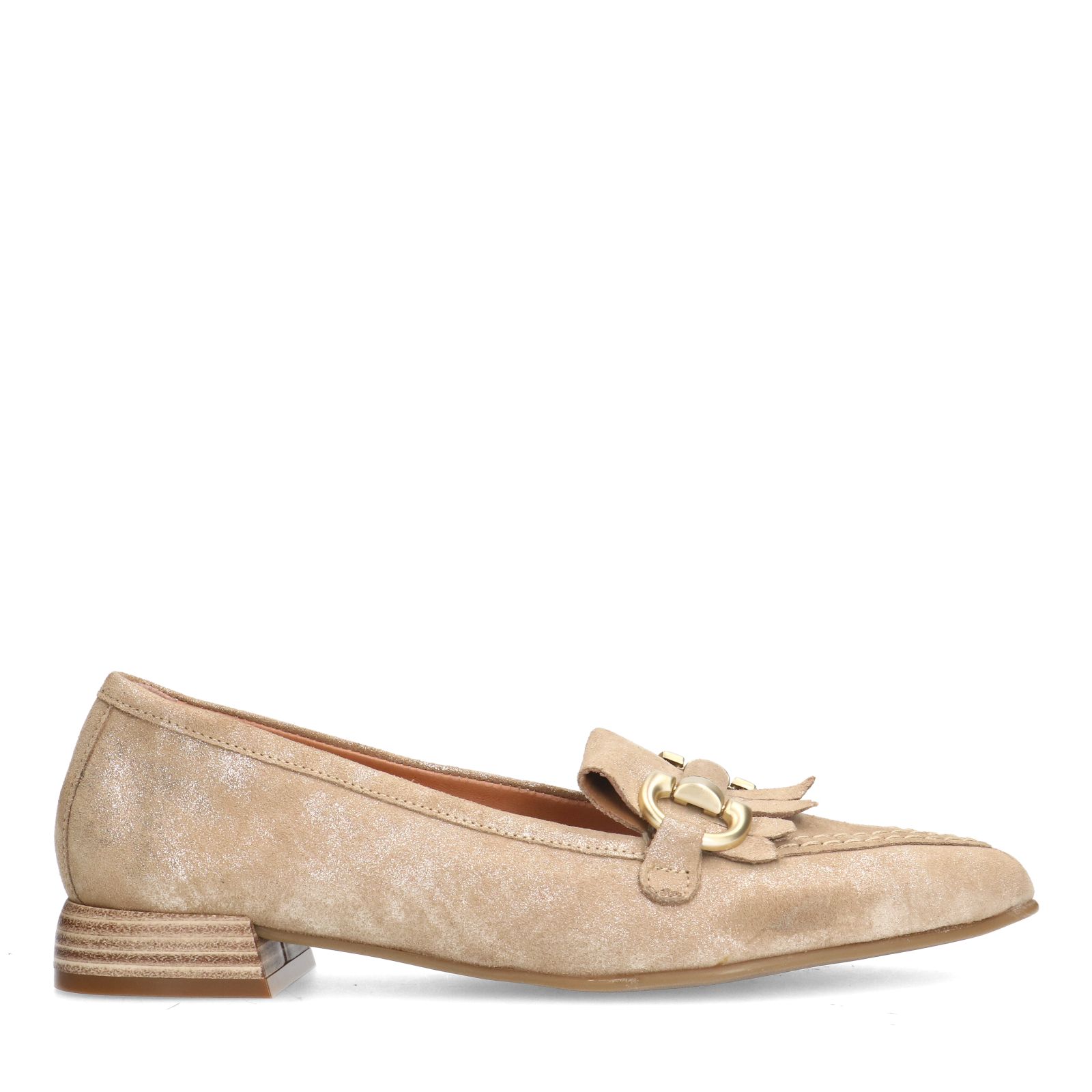 Beigefarbene Veloursleder-Loafer mit Glitzer