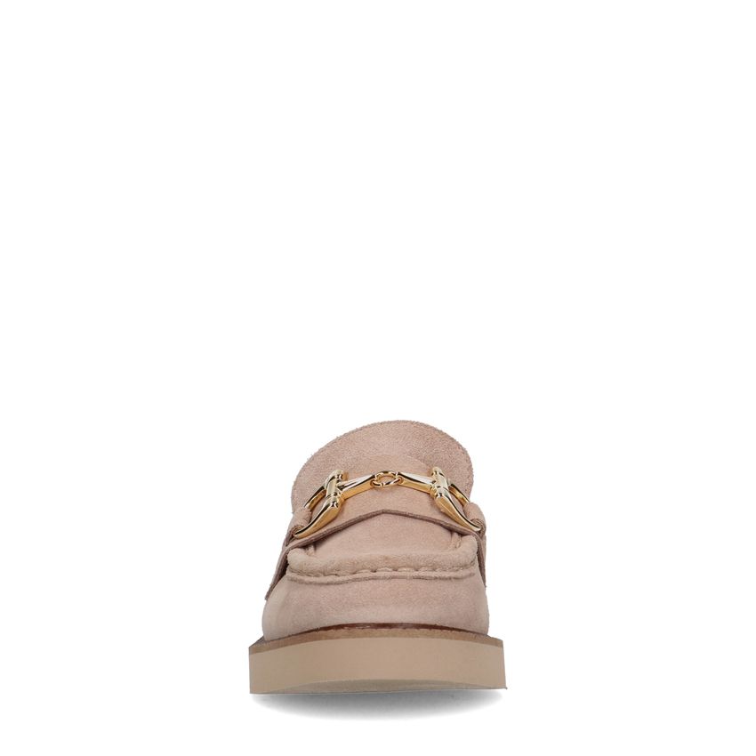 Beigefarbene Veloursleder-Loafer mit goldfarbener Spange
