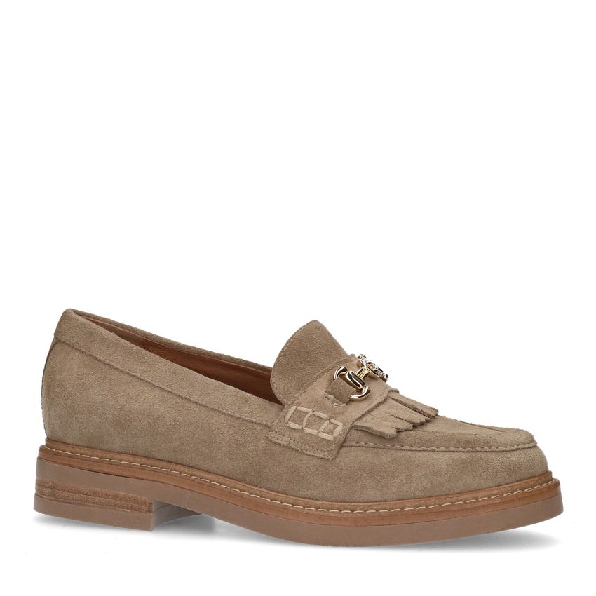 Beige suède loafers met goudkleurig detail