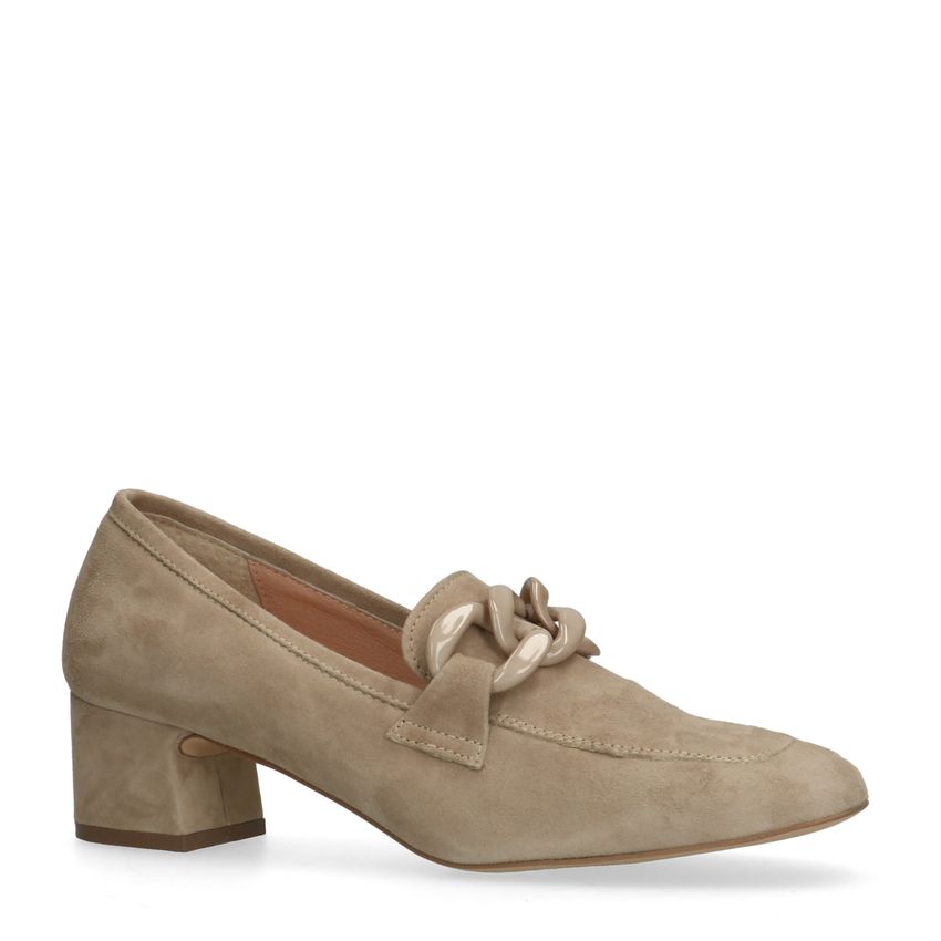 Beige suède pumps met ketting