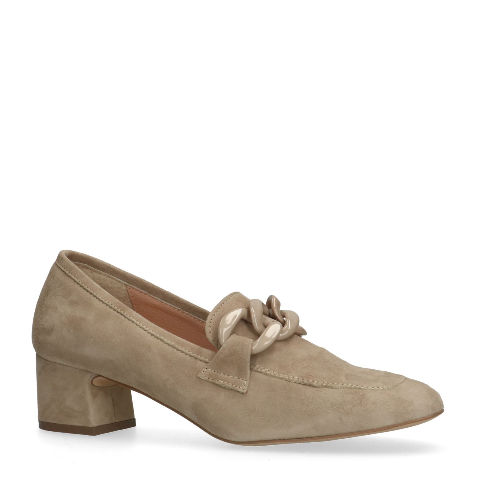 Beigefarbene Veloursleder-Pumps mit Kette