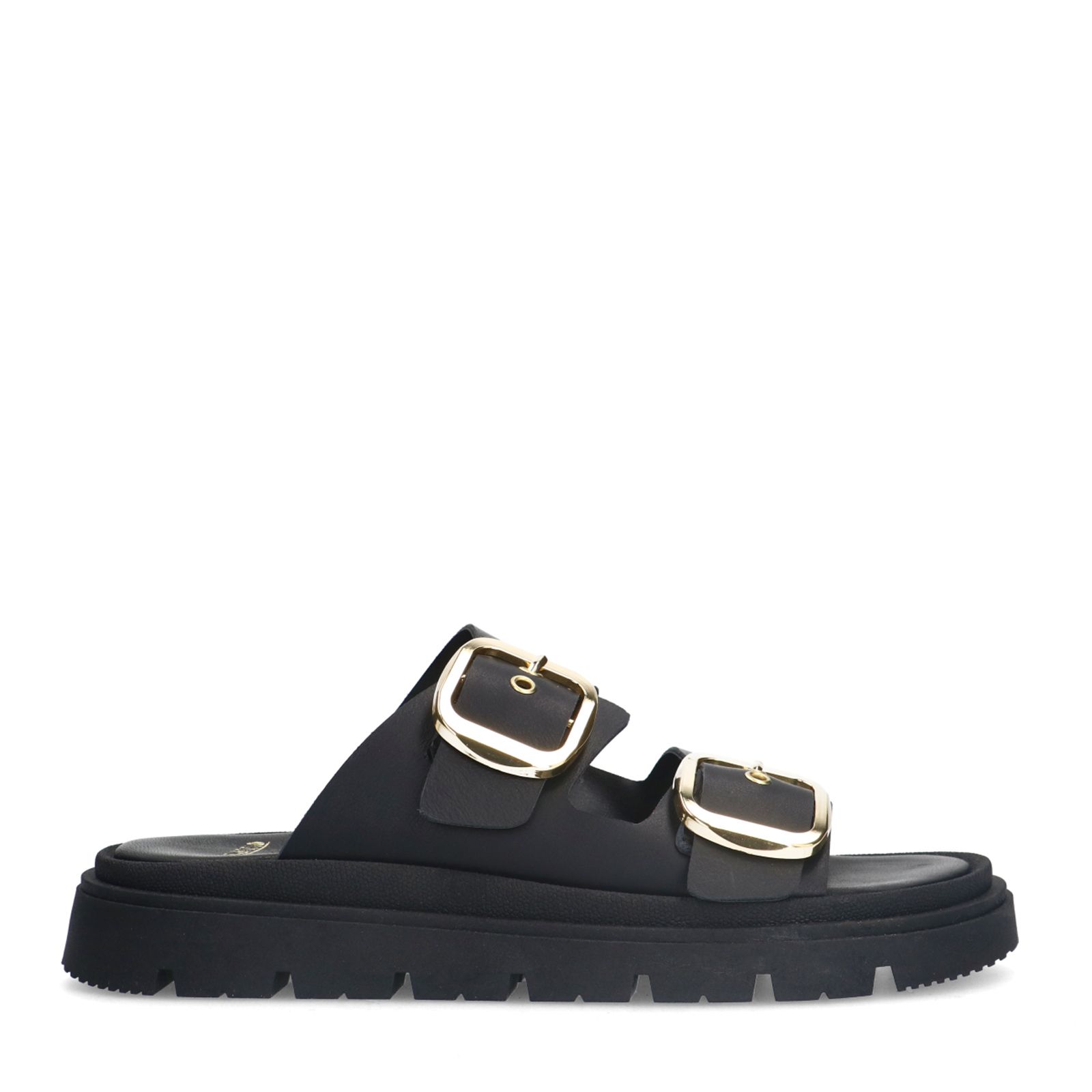 Zwarte leren slippers met gesp