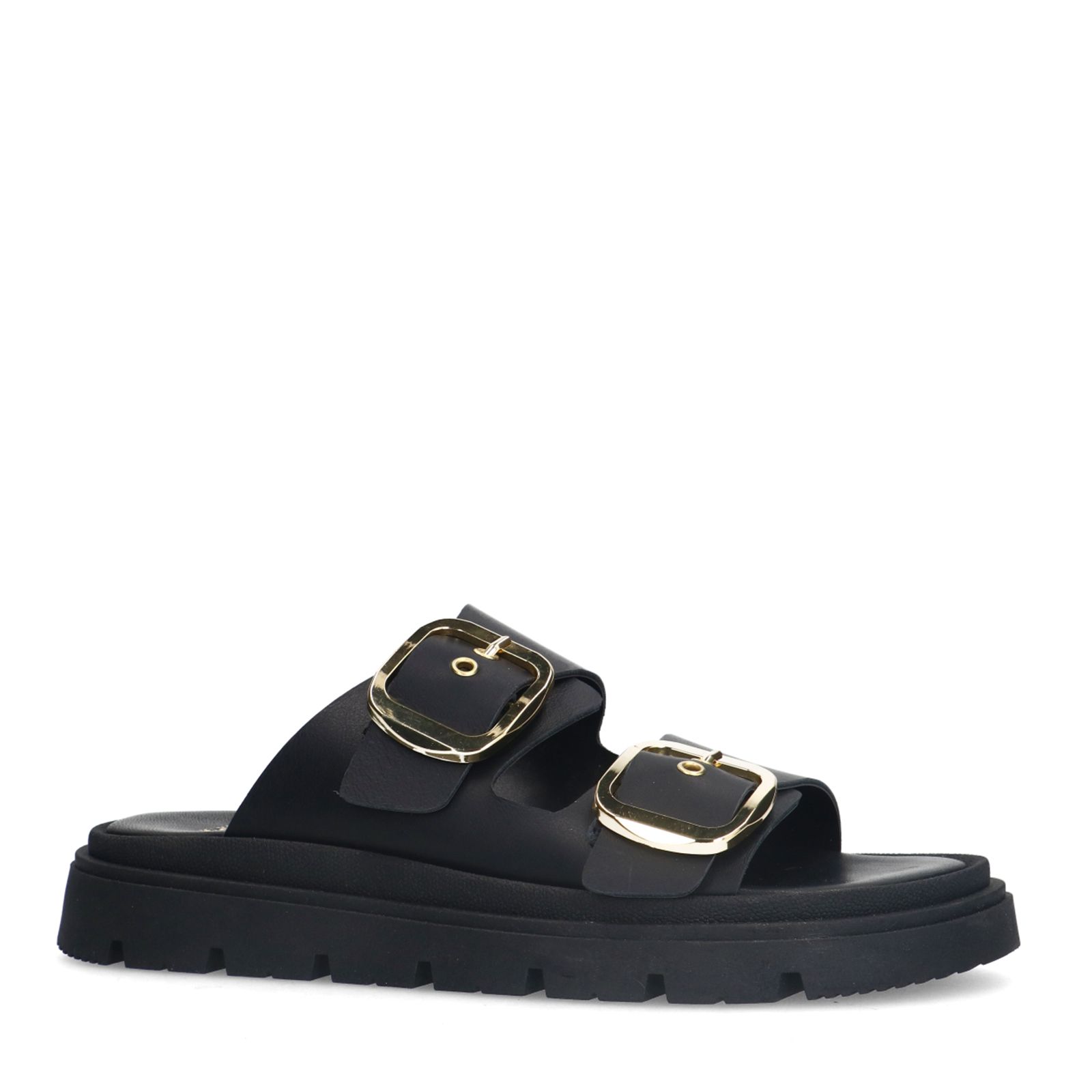Zwarte leren slippers met gesp
