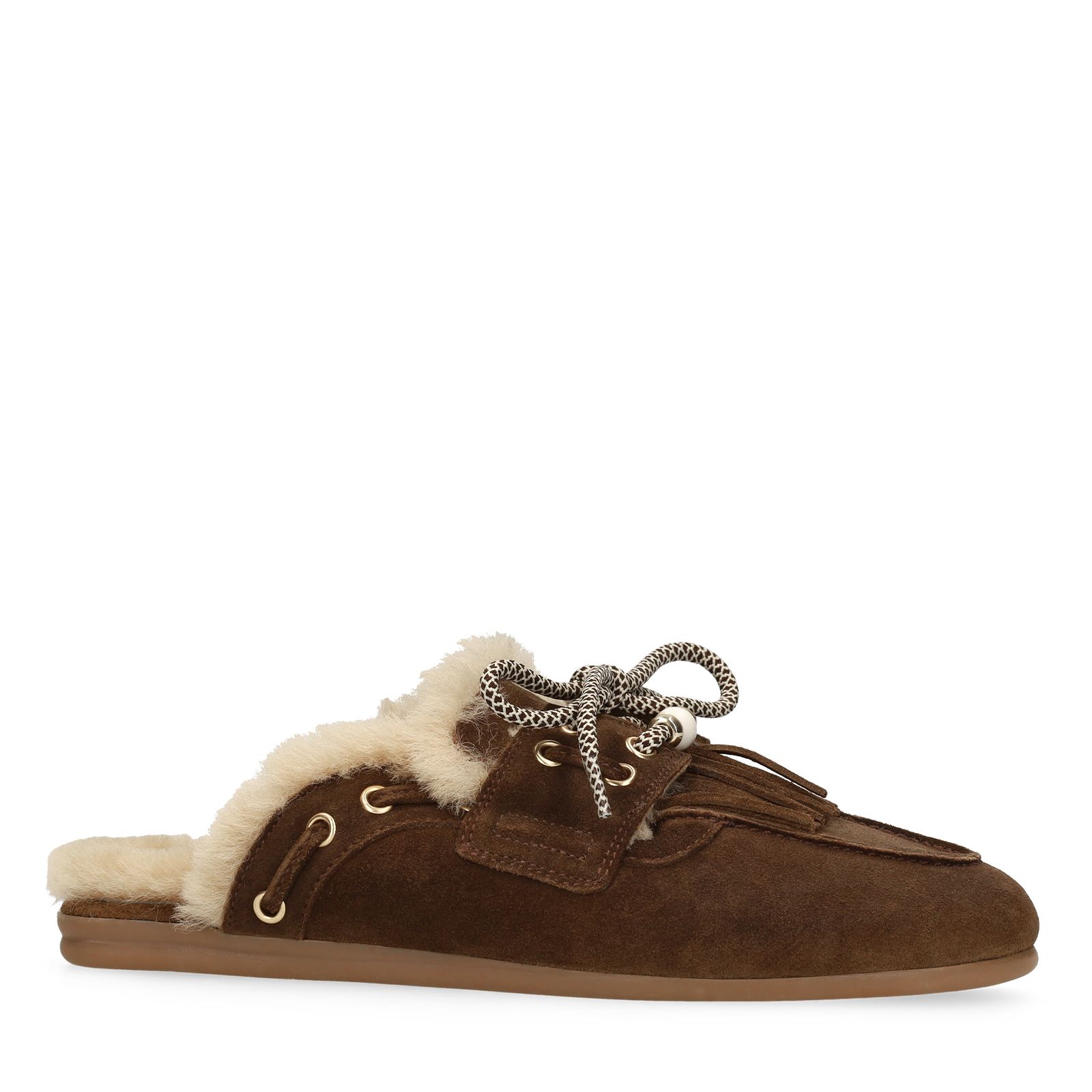 Dunkelbraune Veloursleder-Mules mit Fellfutter