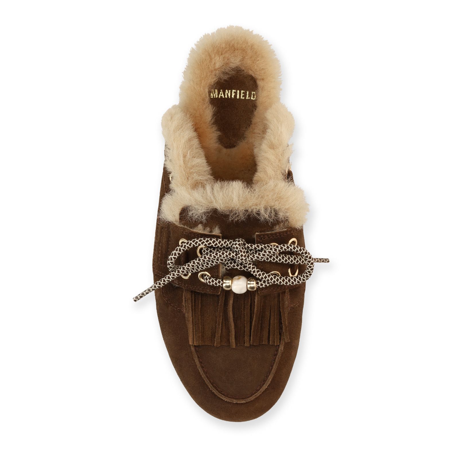 Dunkelbraune Veloursleder-Mules mit Fellfutter