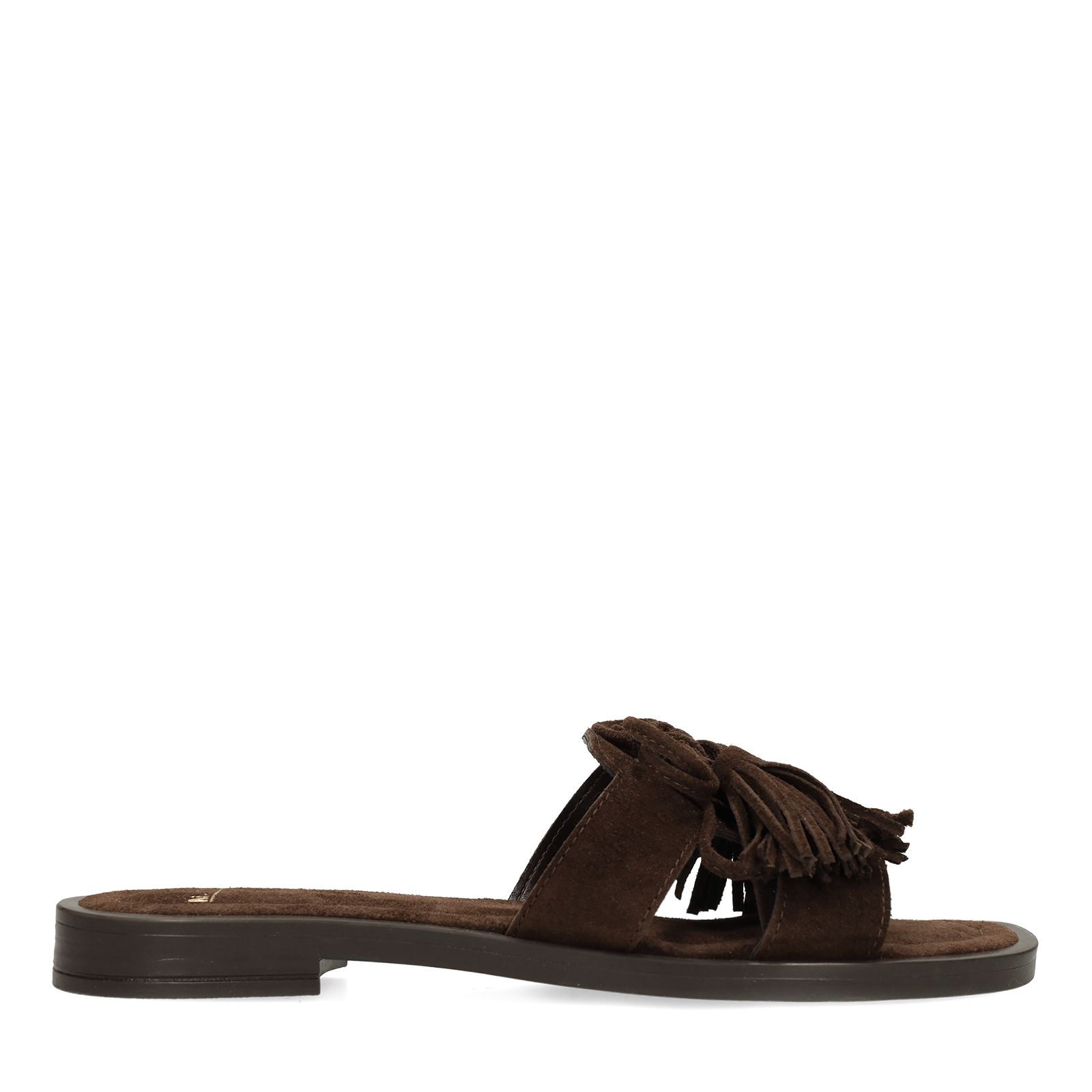 Dunkelbraune Veloursleder-Sandalen mit Fransen