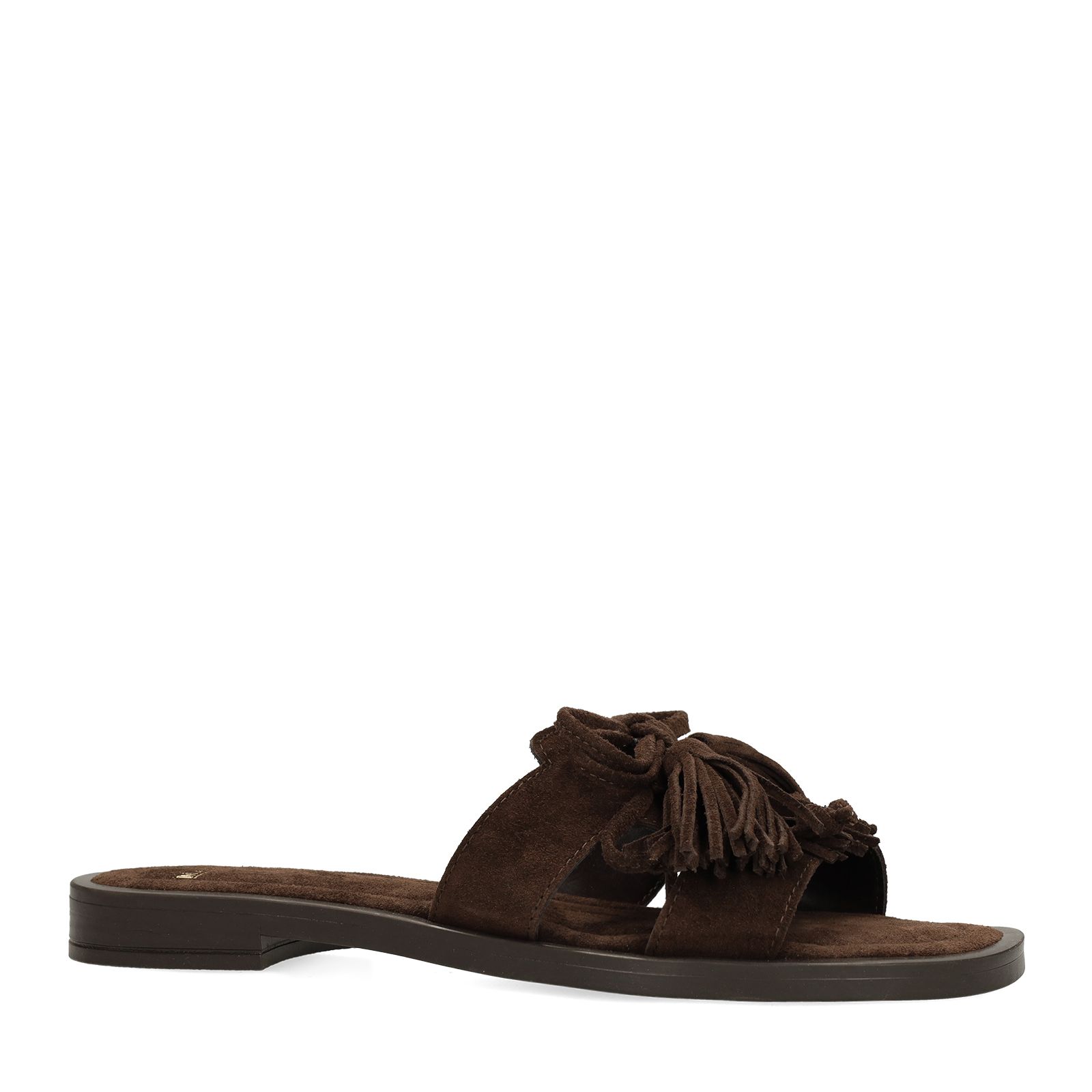 Dunkelbraune Veloursleder-Sandalen mit Fransen