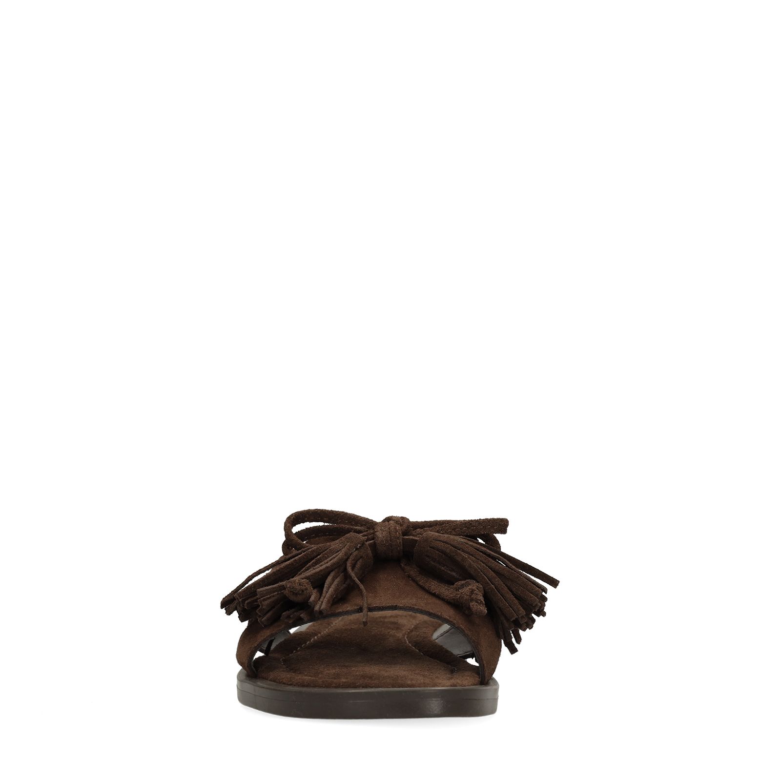Dunkelbraune Veloursleder-Sandalen mit Fransen