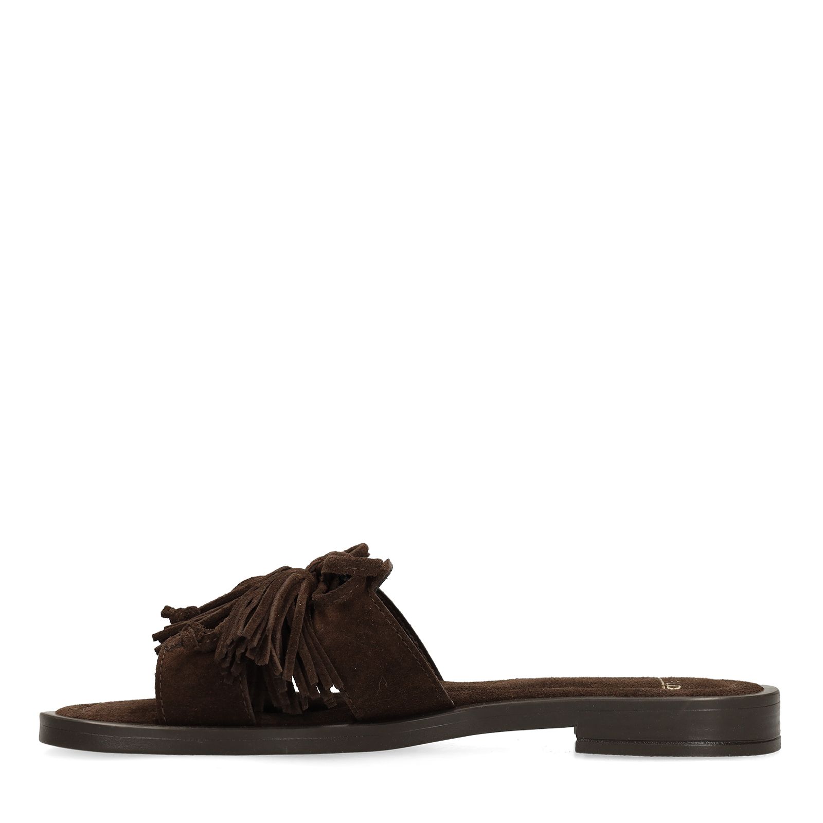 Dunkelbraune Veloursleder-Sandalen mit Fransen