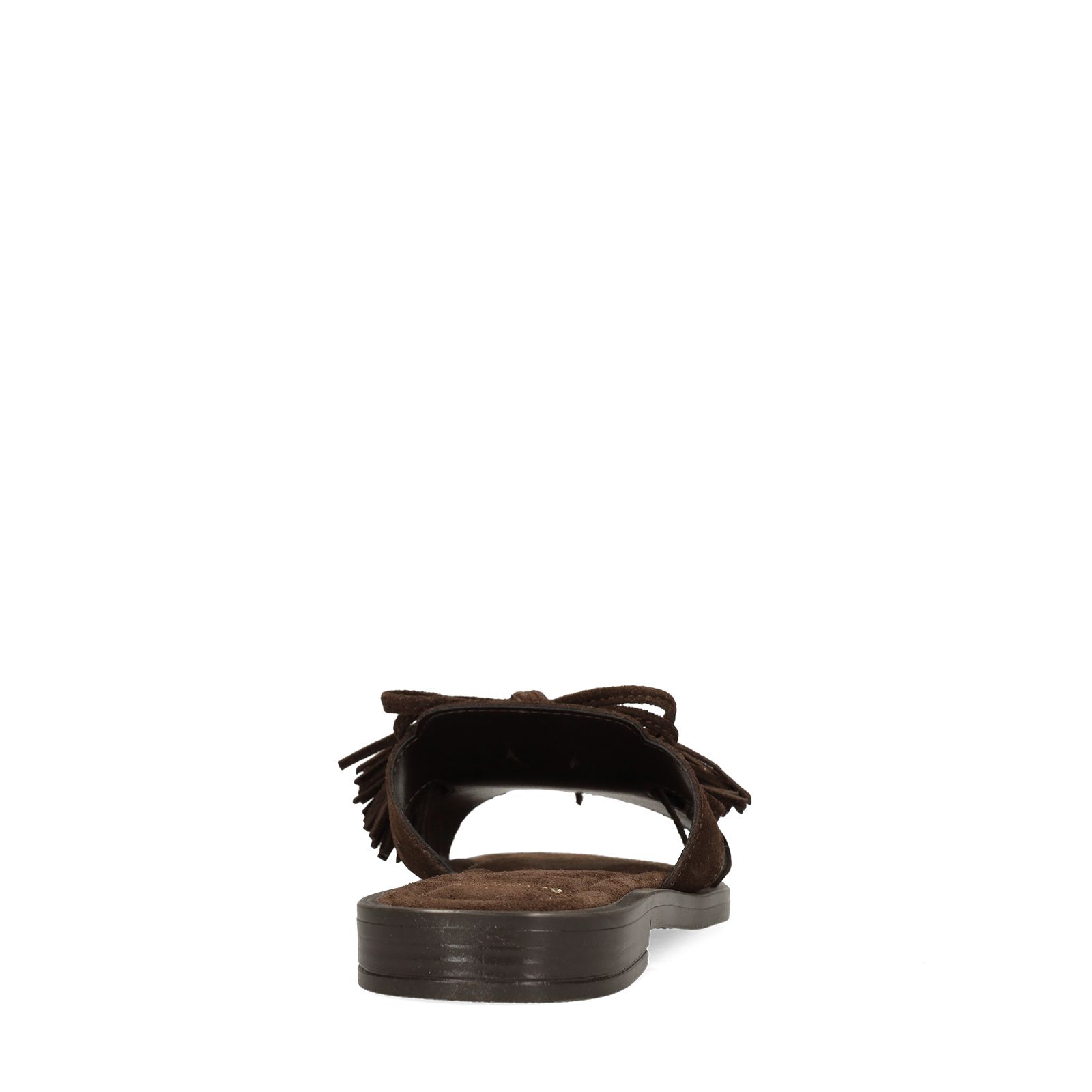 Dunkelbraune Veloursleder-Sandalen mit Fransen