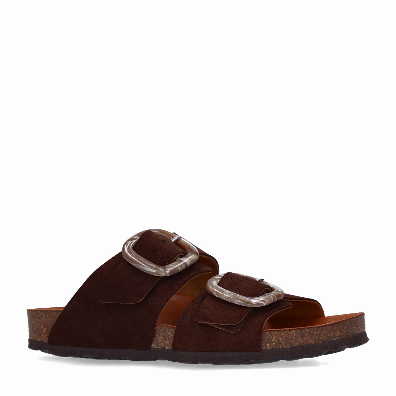 Bruine suède slippers met gesp