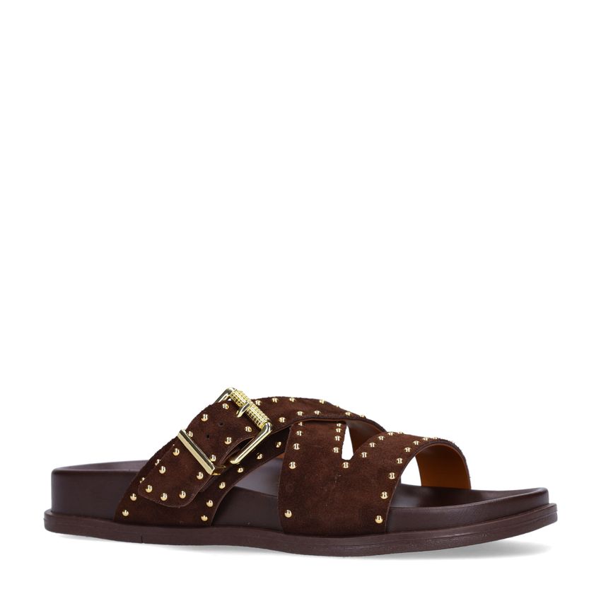 Bruine suède slippers met studs