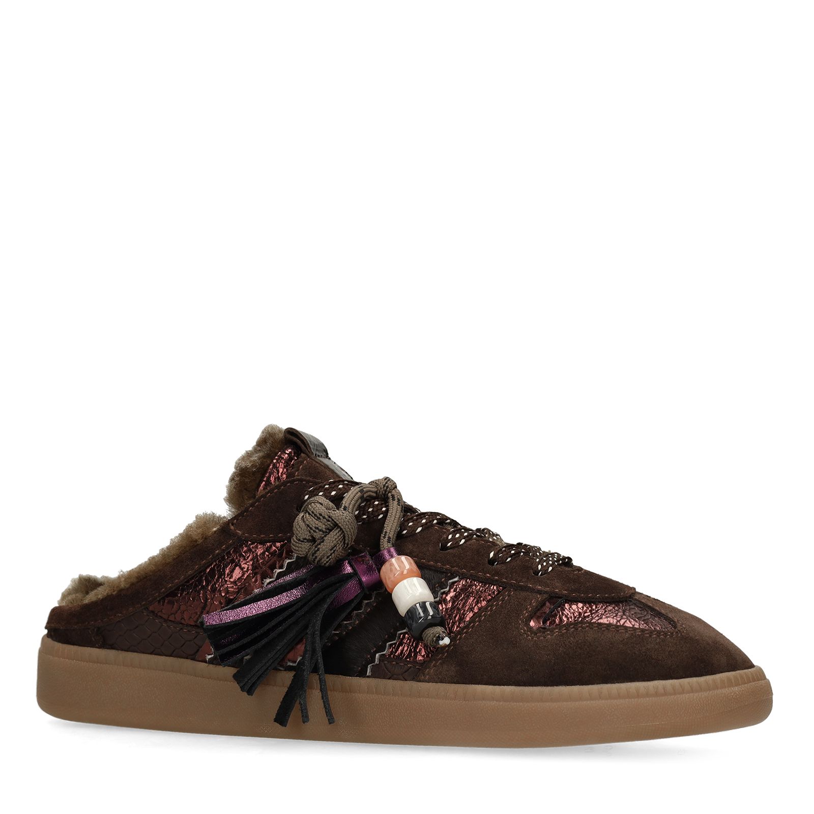 Donkerbruine leren instap sneakers met voering