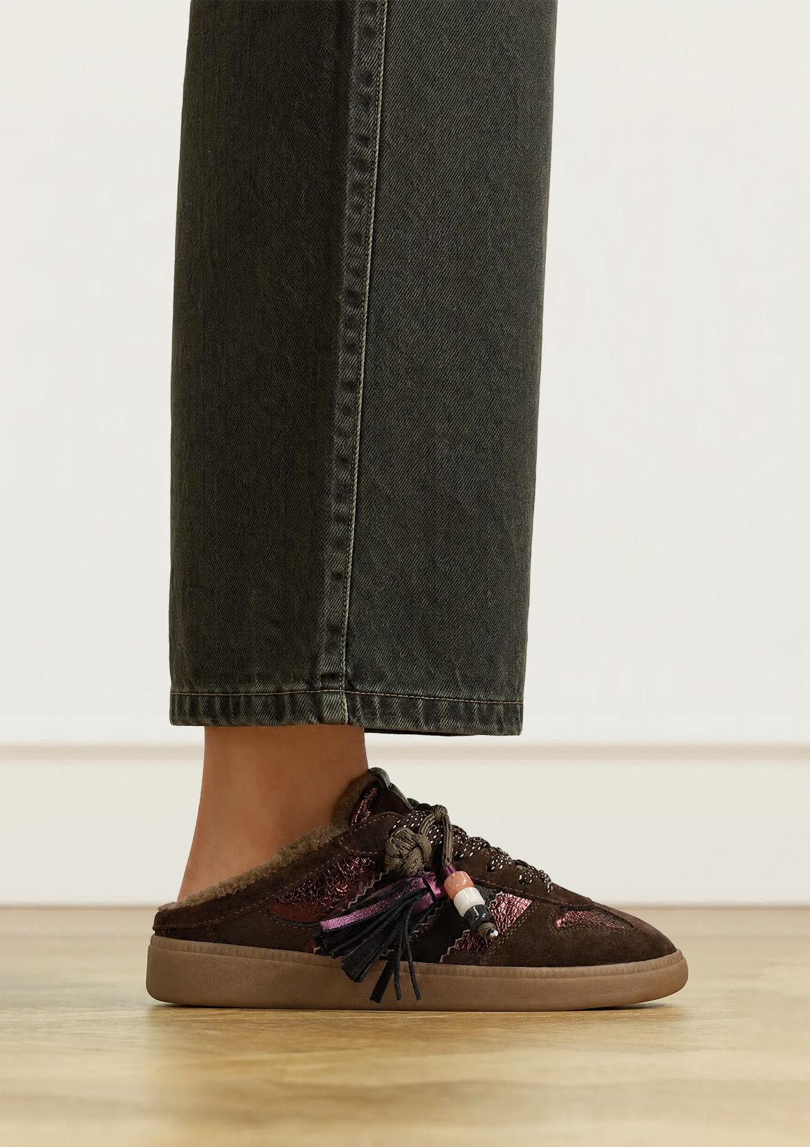 Donkerbruine leren instap sneakers met voering