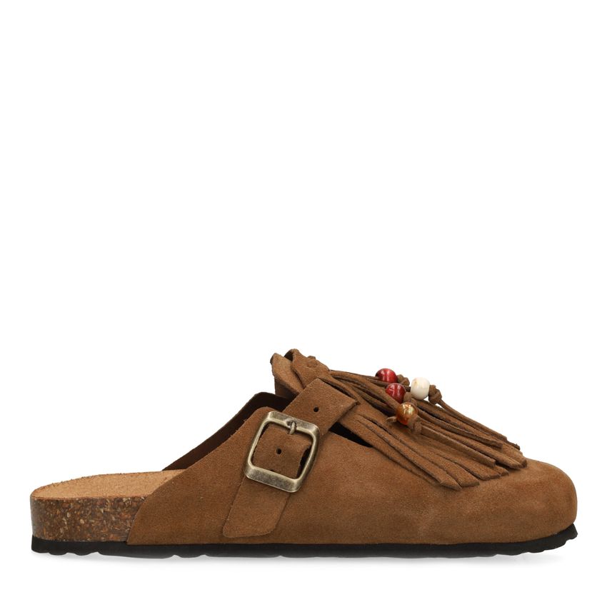 Braune Veloursleder-Clogs mit Fransen