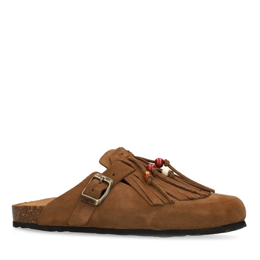 Braune Veloursleder-Clogs mit Fransen