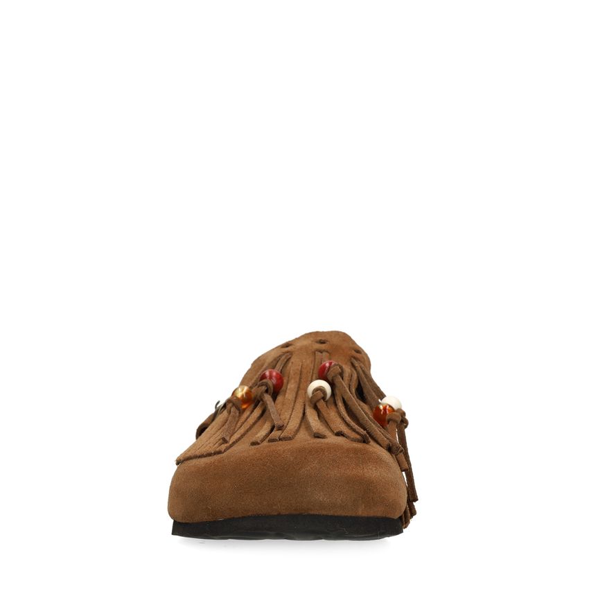 Bruine suède clogs met franjes