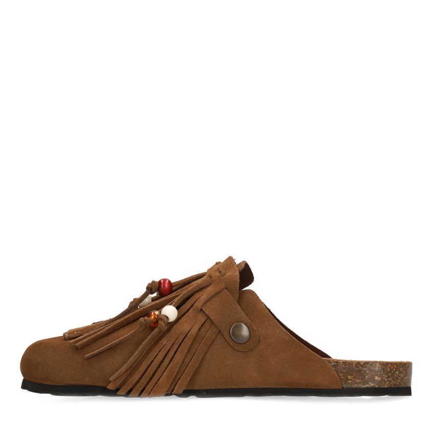 Braune Veloursleder-Clogs mit Fransen