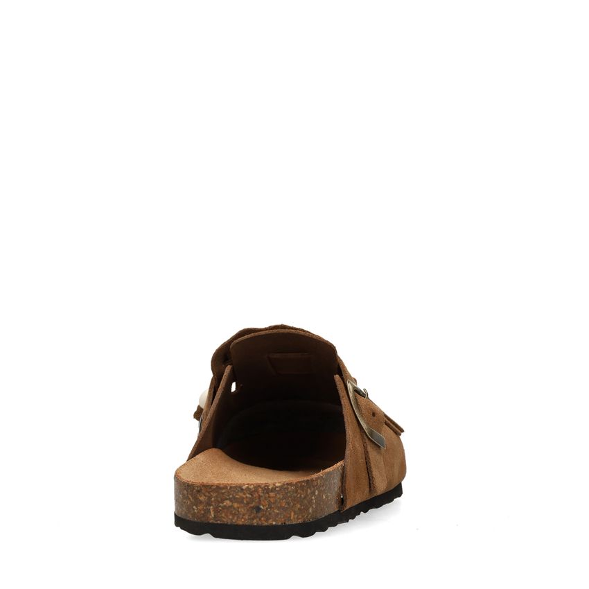 Braune Veloursleder-Clogs mit Fransen