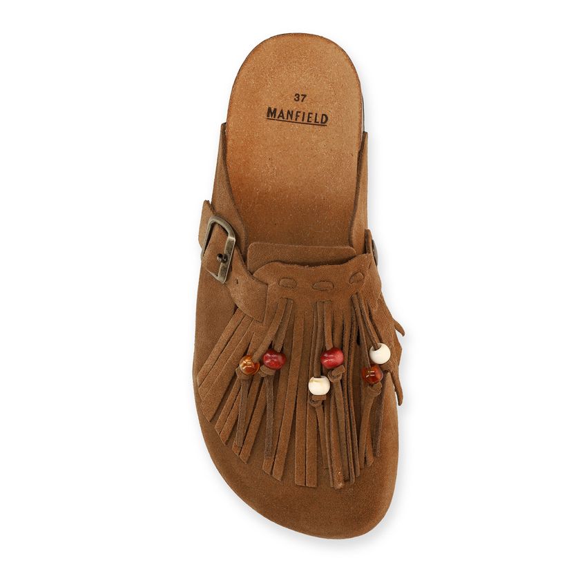 Braune Veloursleder-Clogs mit Fransen